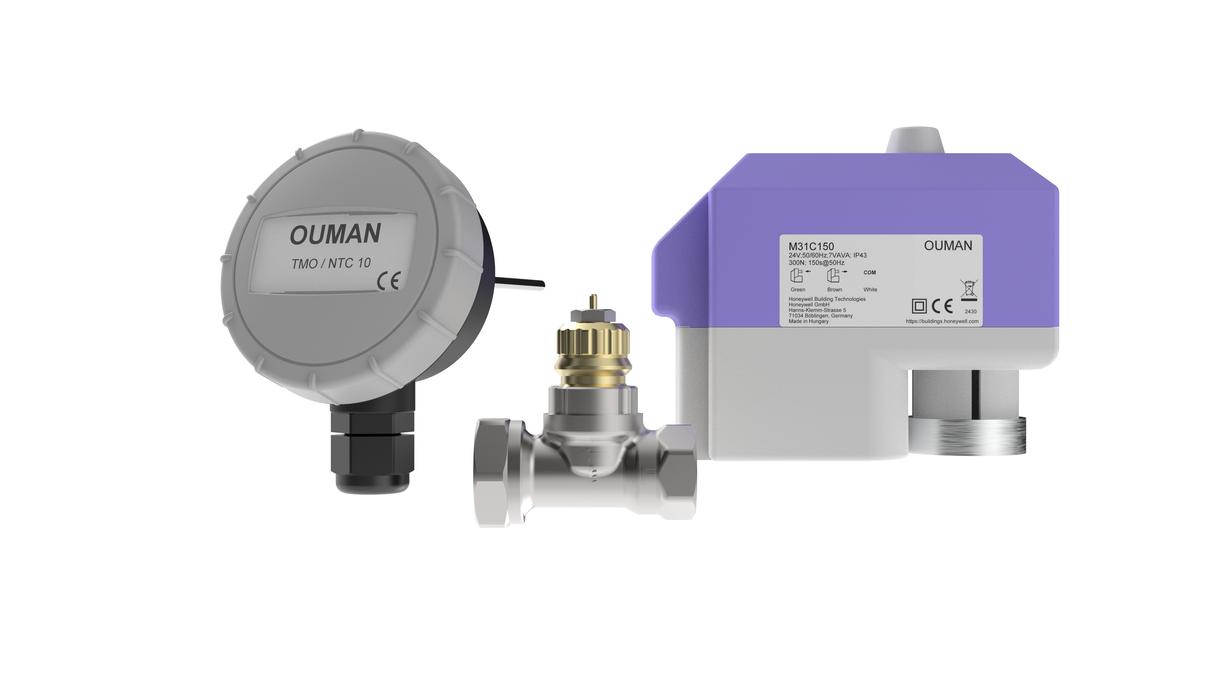 Ouman HVAC field devices including temperature sensor, control valve and valve actuator.