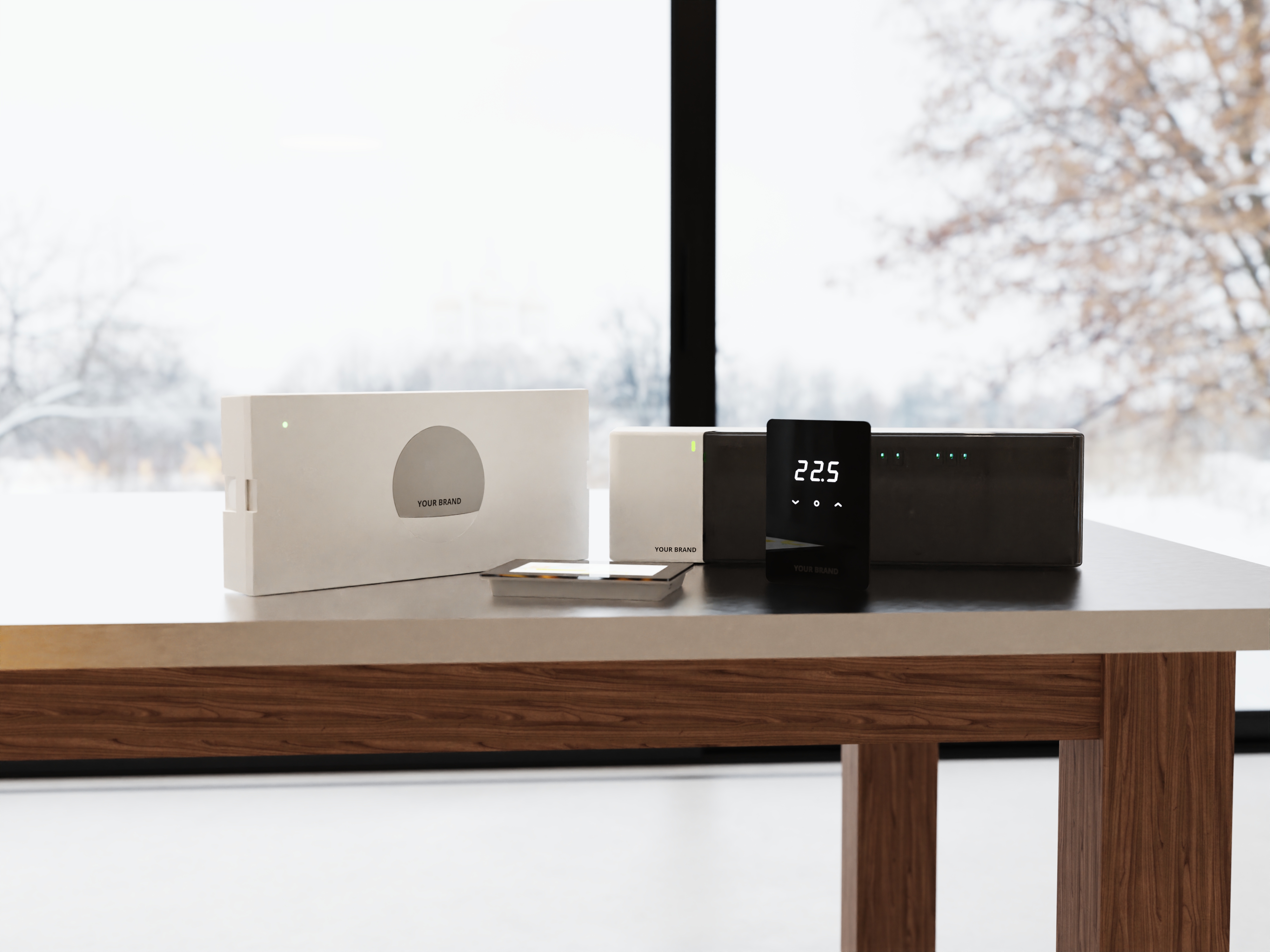 White-label HVAC control products including two Hyco control units, thermostat displaying 22.5 °C and 4.3-inch HMI.