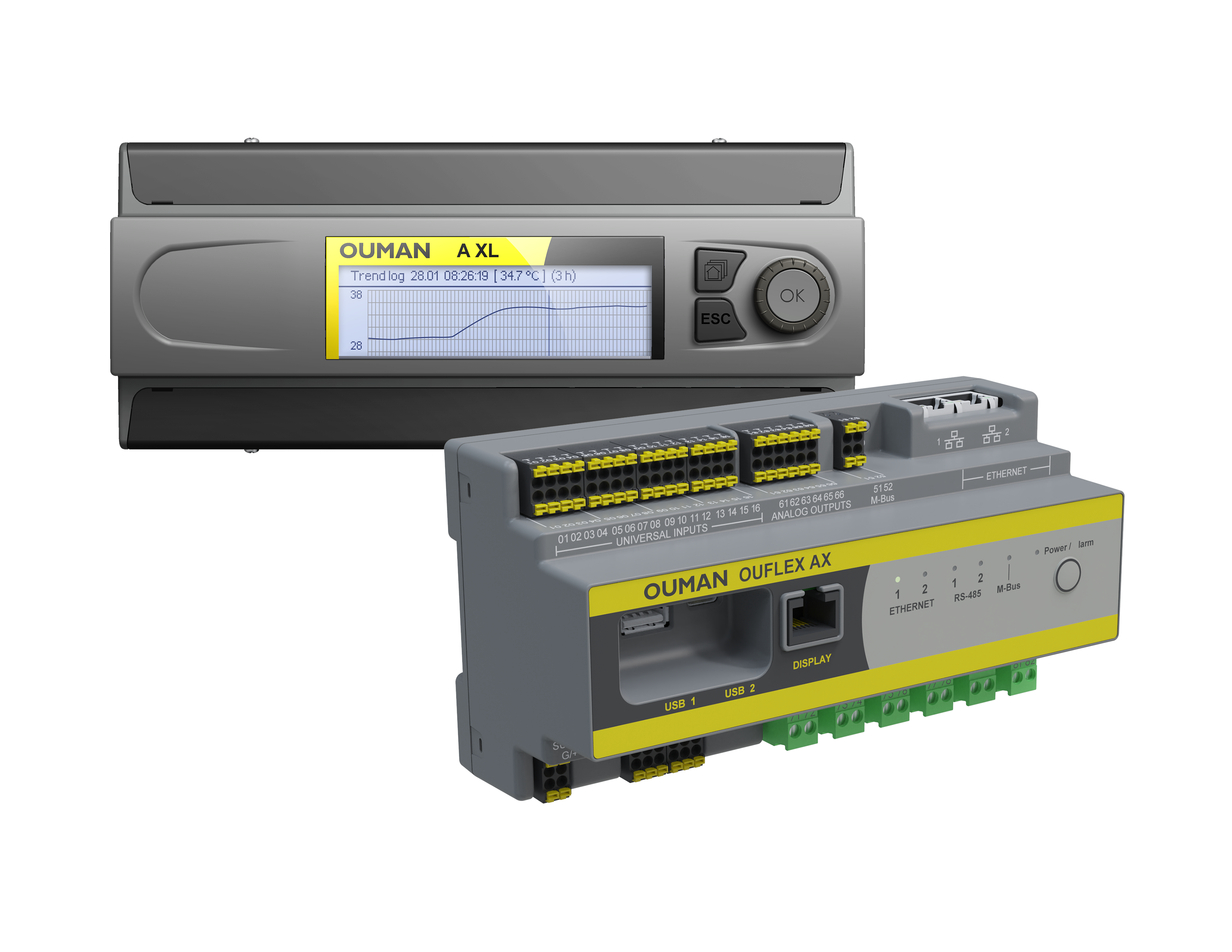 Ouman Ouflex A XL and Ouflex AX building automation controllers for HVAC control systems.