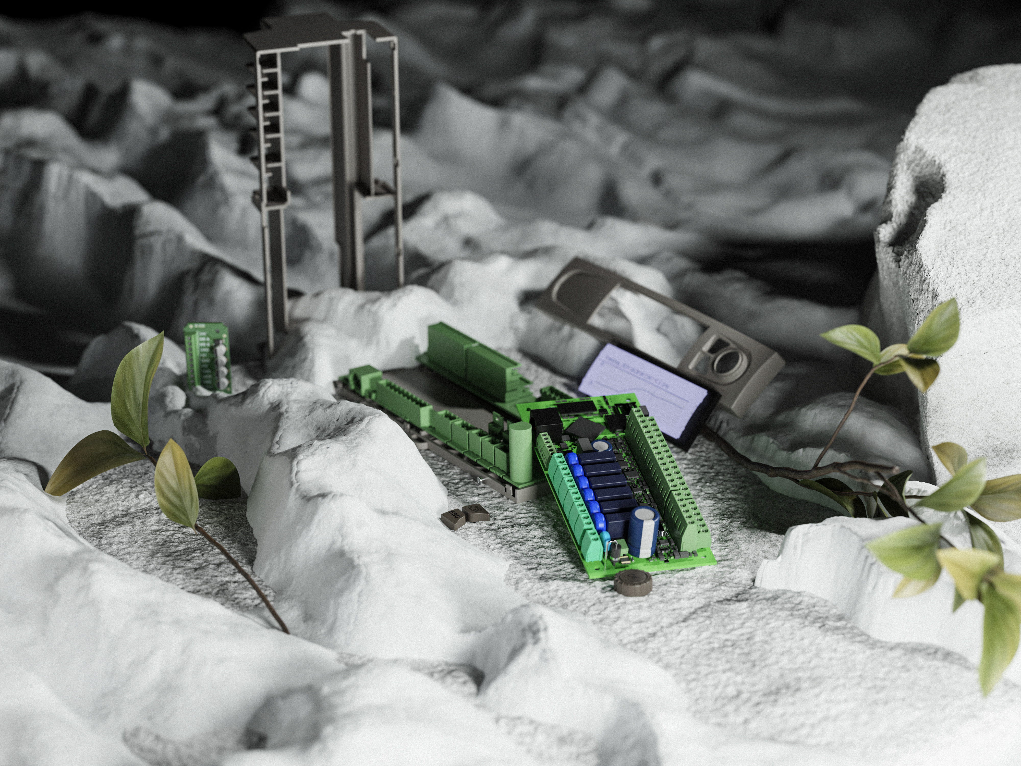 Electronic circuit boards and controller components from Ouman HVAC controllers displayed in a studio setting.