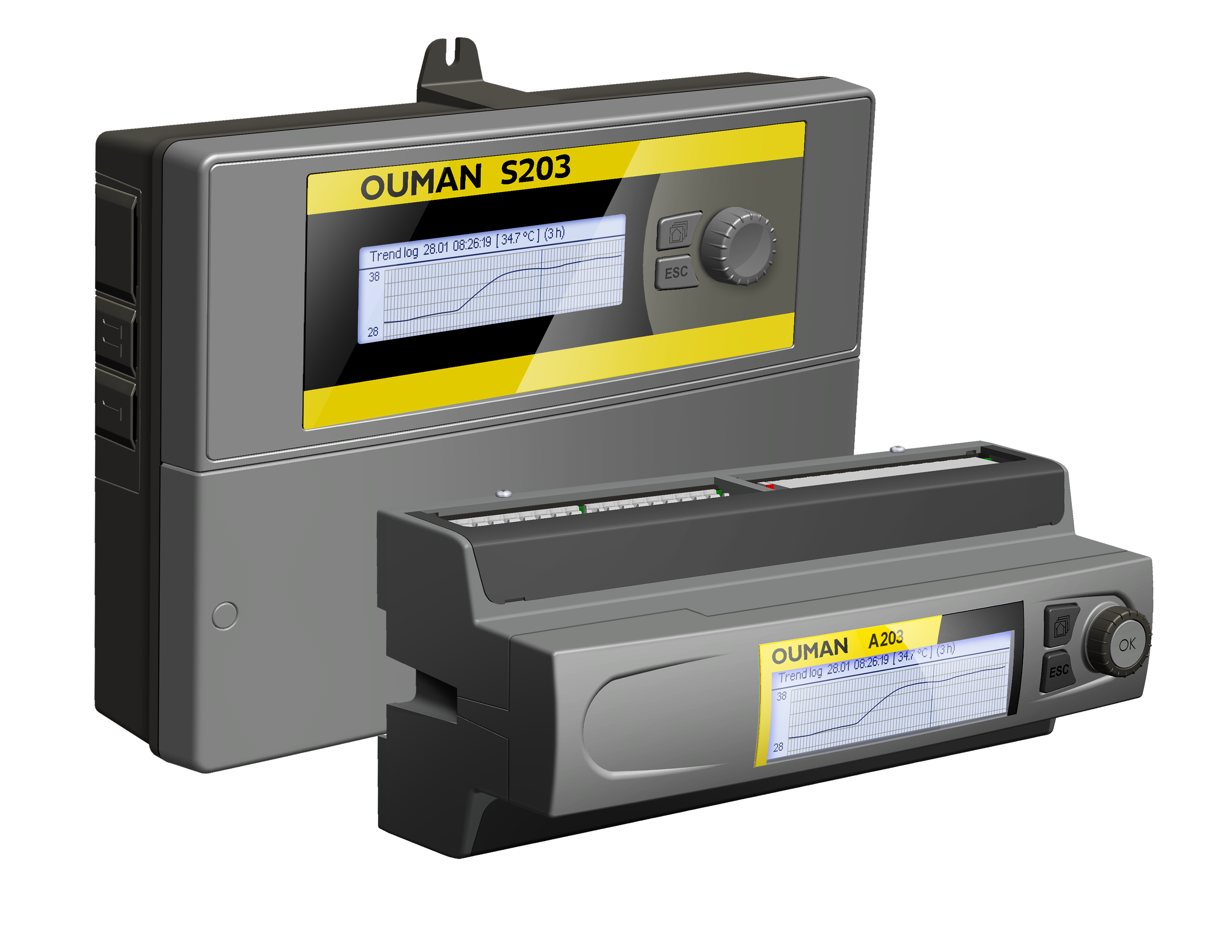 Ouman S203 and A203 heating and HVAC controllers displayed together.