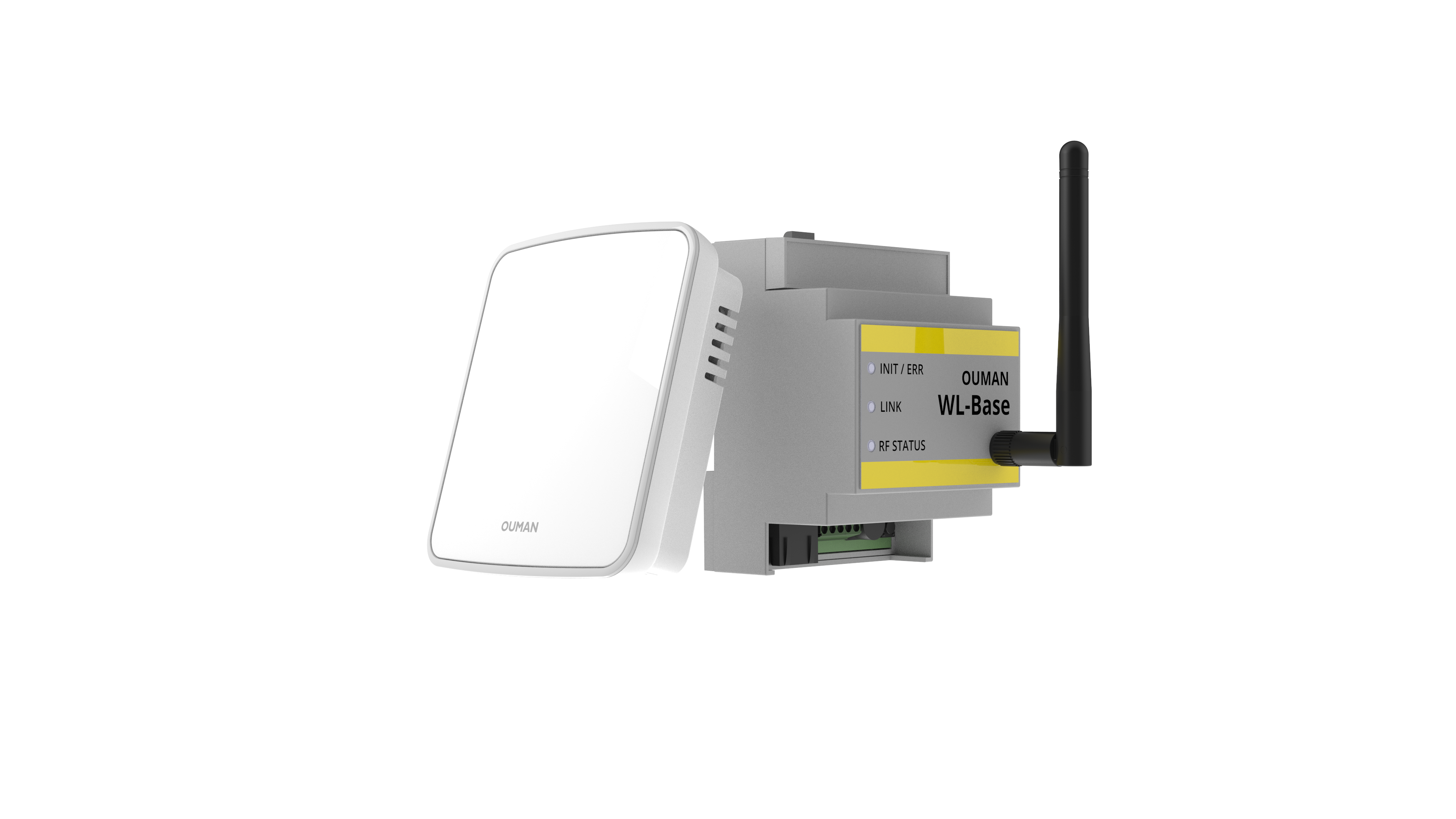 Ouman WL wireless system with room sensor and WL-Base communication module for HVAC monitoring.