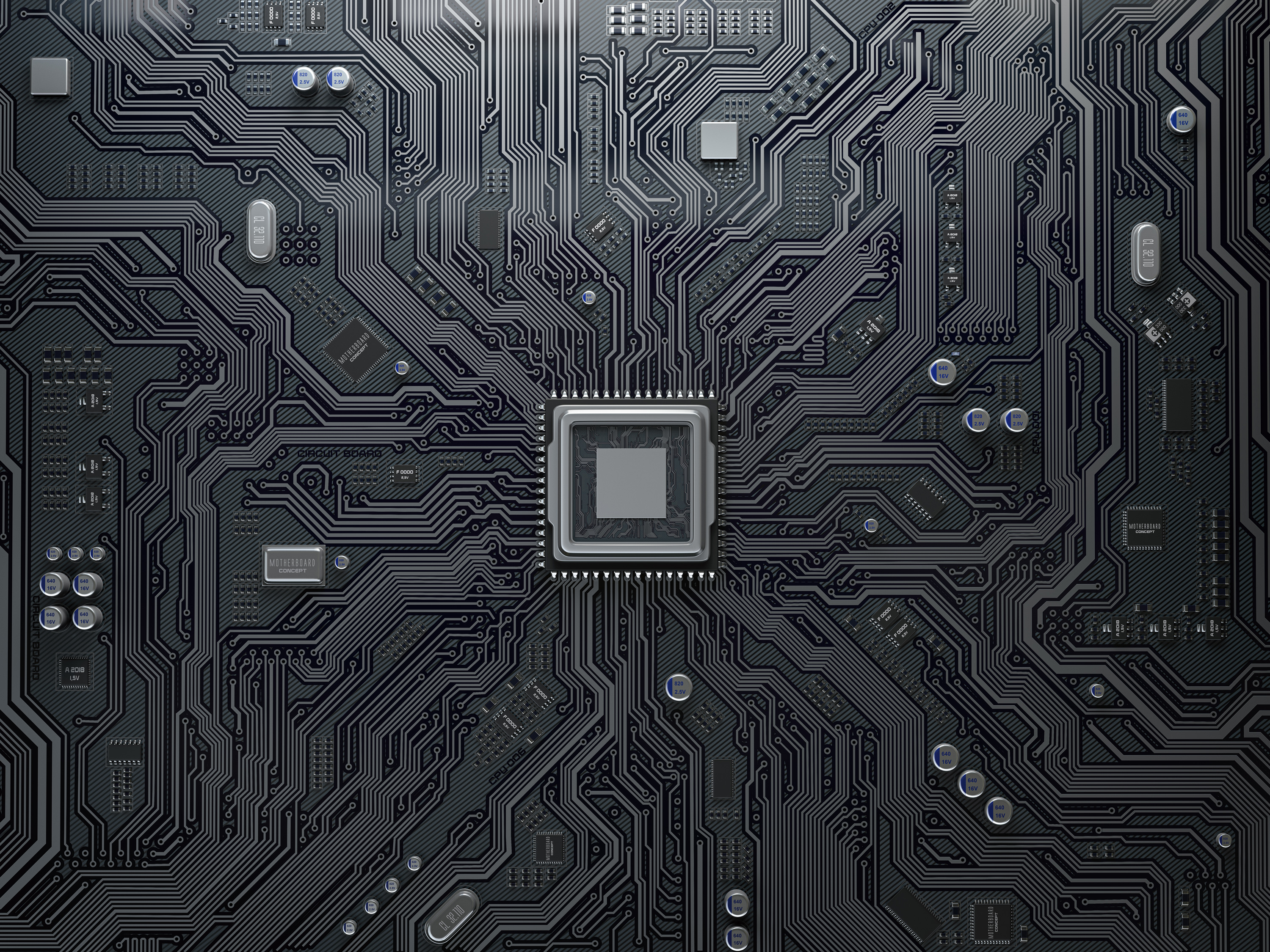 Circuit board with central processor chip and detailed trace routing.