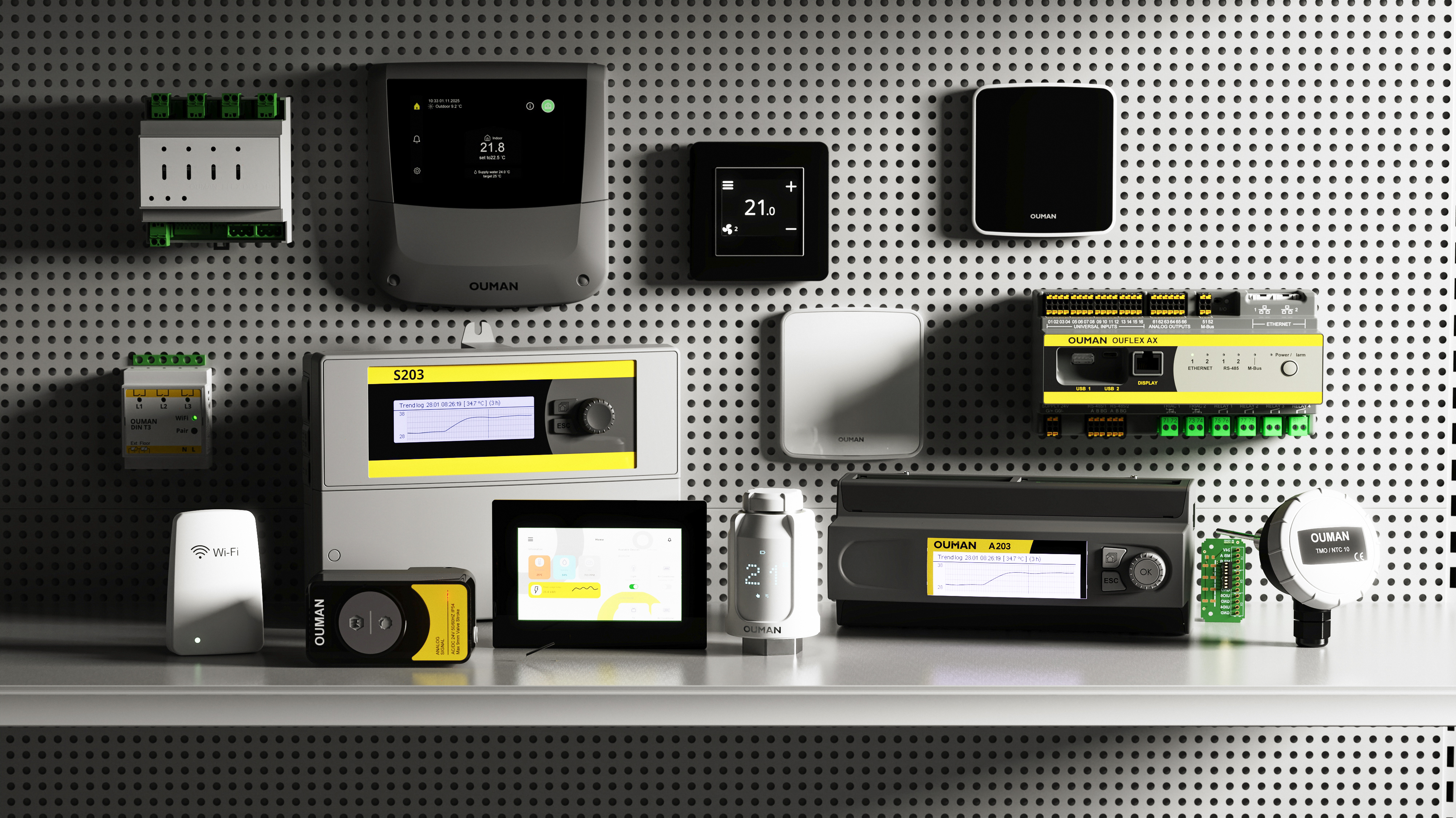 Ouman building automation devices including thermostats, gateway, touch display and Ouflex AX programmable controller on a display wall.