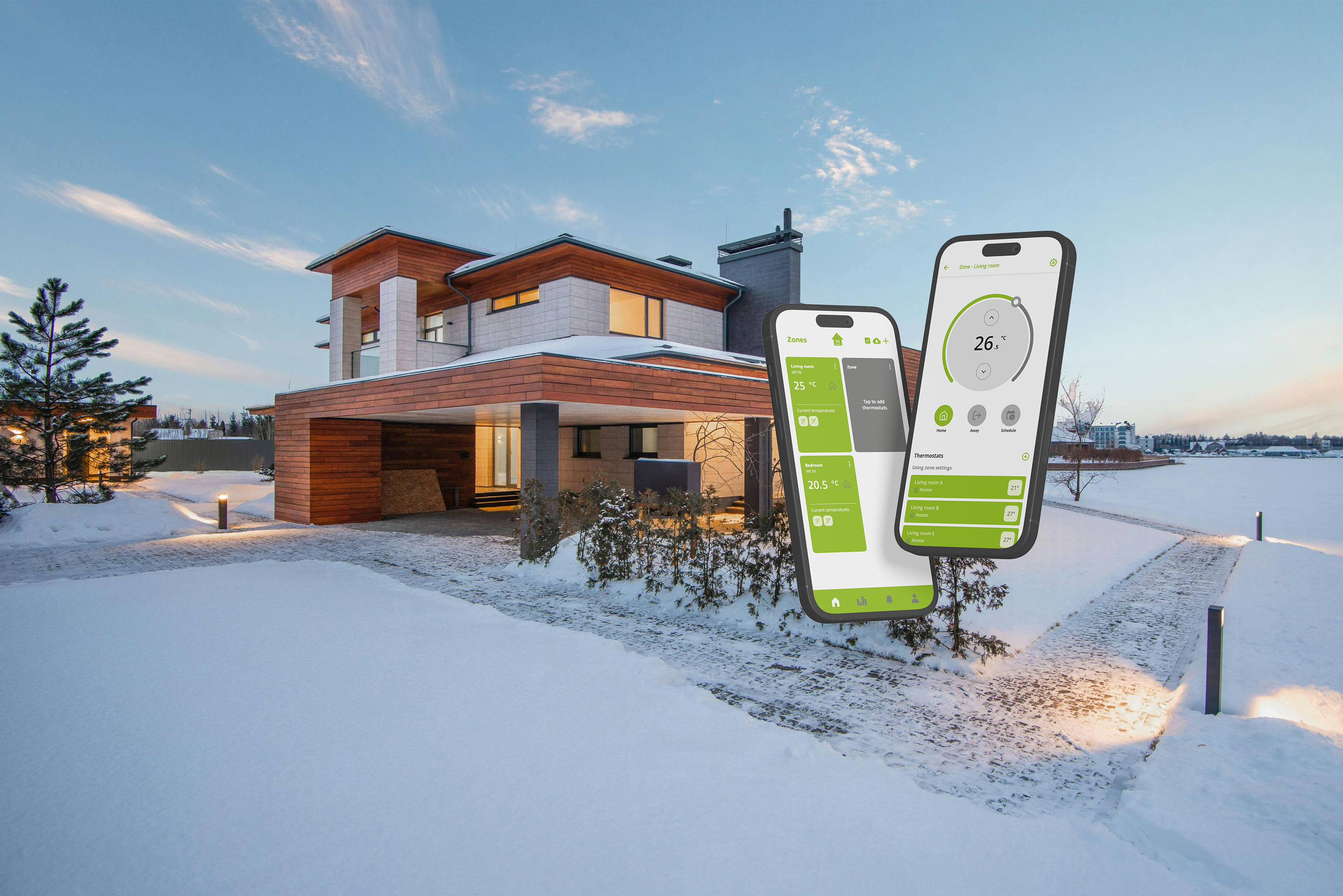 Private house in winter with smartphones displaying the Hyco app for hydronic underfloor heating control.
